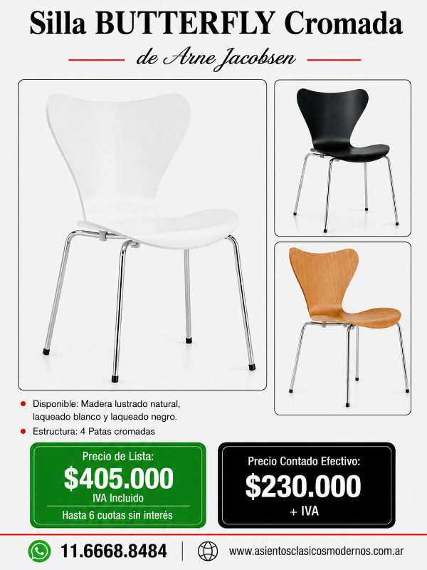 Producto - Silla JACOBSEN BUTTERFLY, Laqueado Blanco, Patas Cromadas!!