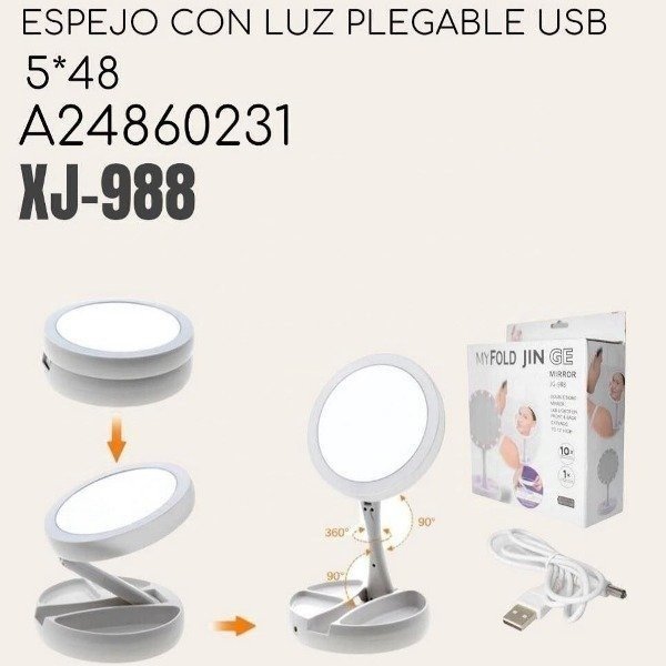 Producto - Espejo Con Luz Plegable Recargable USB O A Pilas JX-988