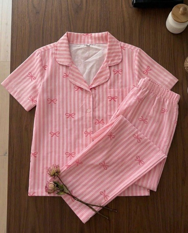 Producto - Pijama camisero largo mangas cortas - Rosa a rayas - 2