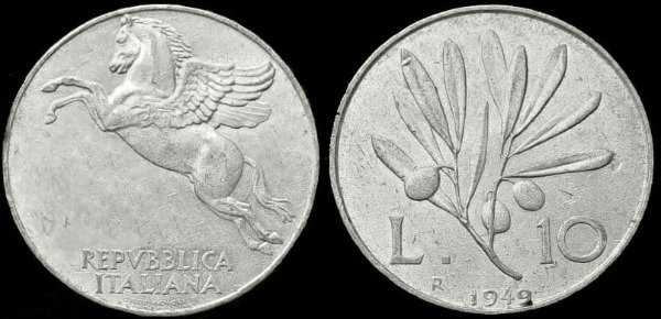 Producto - Italia - 10 Liras (1949) [VF-] KM #90 - Restauración Soberana