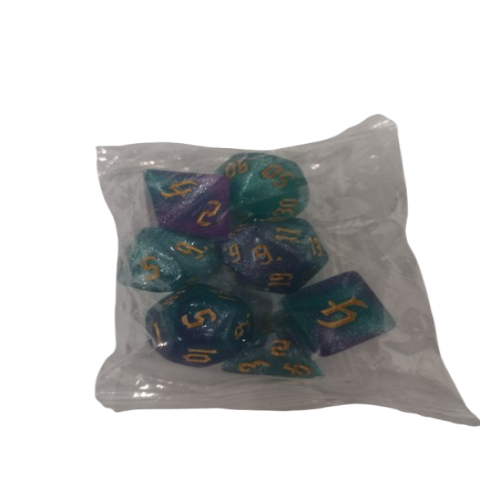 Producto - Set de 7 Dados - Marmolado Verde y Violeta Glitter