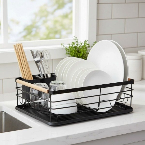 Producto - ESCURRIDOR SECAPLATO ORGANIZADOR DE CUBIERTOS NEGRO Y BAMBU 42X30X14CM