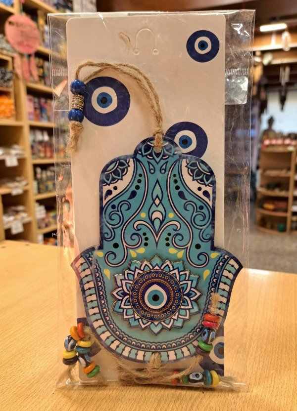 Producto - Colgante Madera azul Mano de Fatima 25 cm x 12 cm