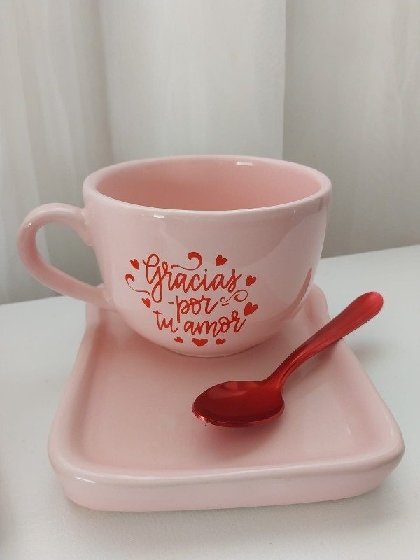 Producto - Taza con bandejita y cuchara Gracias por tu amor rosa