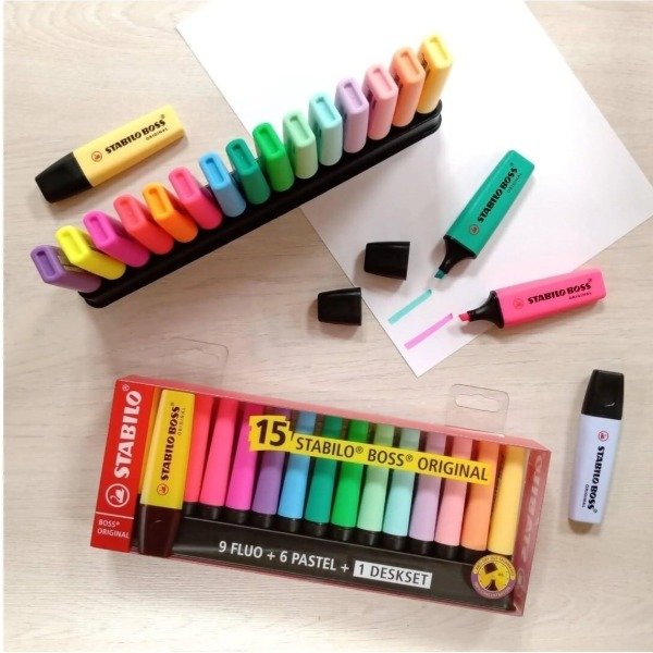 Producto - Set x15 Resaltadores + Exhibidor - Stabilo Boss