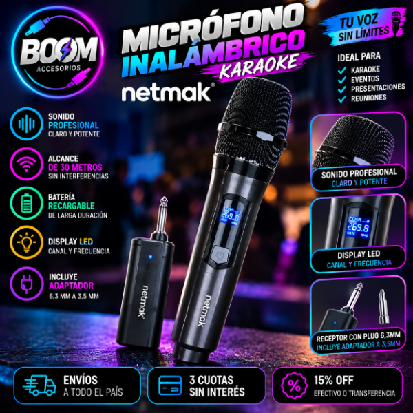 Producto - Microfono Inalambrico Recargable Karaoke Netmak 30m Negro - 0