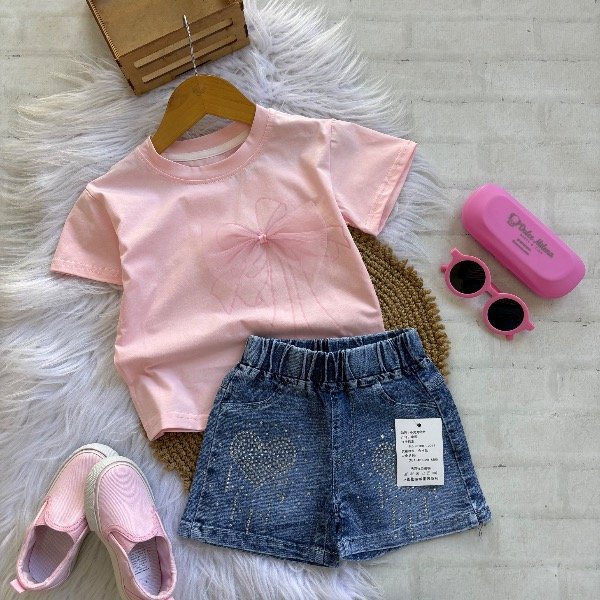 Producto - Set importado blusa con moño y short elastizado talles 2 al 8 - 0