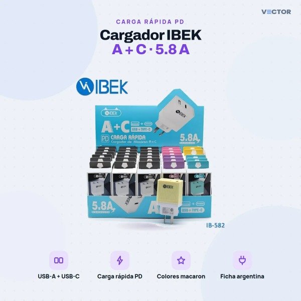 Producto - Cabezal Cargador Puerto USB + Tipo c 5.8A Ibek IB 582 Lila - 2