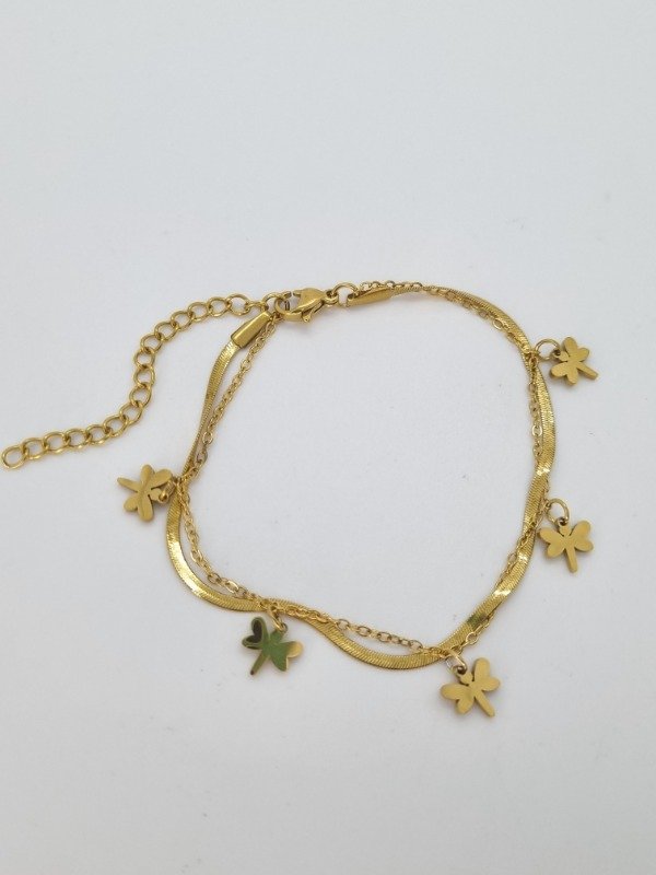 Producto - Pulsera tobillera acero dorado doble fina cola rat plana dijes forma lisa