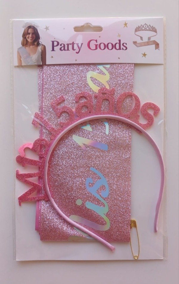 Producto - Vincha y Banda "MIS 15 AÑOS" 60cm Rosa