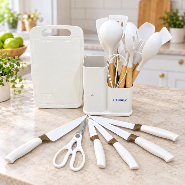 Producto - SET DE 19 UTENSILIOS DE COCINA CON SOPORTE PARA CUCHILLOS TABLA Y TIJERA 30CM - 1