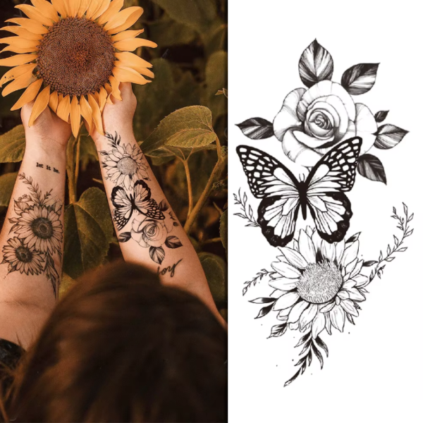 Producto - Tatuaje Temporal Media Manga Arte Floral y Animal en Blanco y Negro