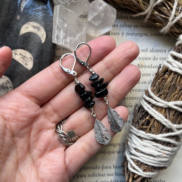Producto - Aritos Pluma- Obsidiana