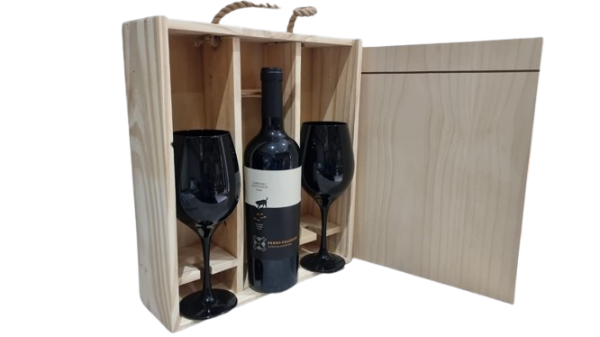 Producto - Caja madera N 3, con 2 copas Negras incluidas (sin botella)
