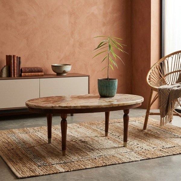 Producto - Mesa Ratona Ovalada Tapa de Mármol Ónix Rosa y Madera - 0