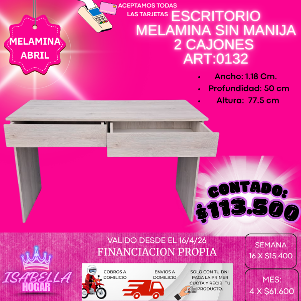 Producto - ESCRITORIO SIN MANIJAS MELAMINA 2 CAJONES
