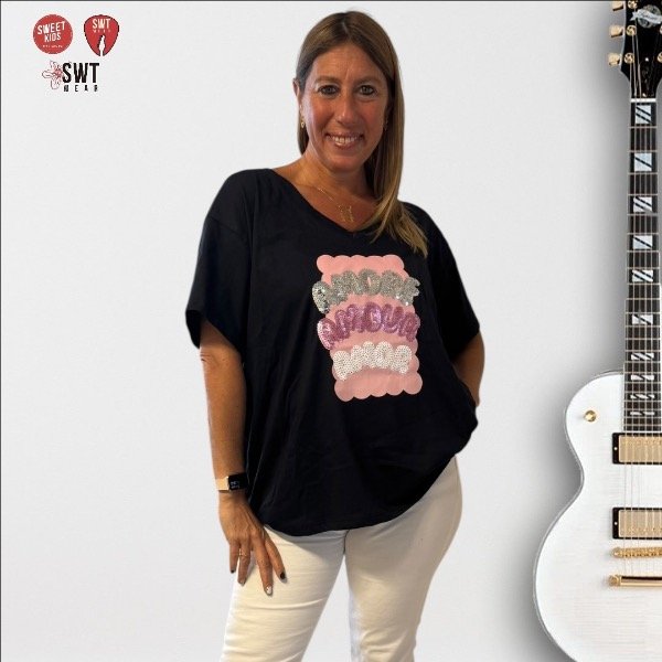 Producto - Remera Amore Amour Amor Lentejuelas Algodón Escote en V 4XL