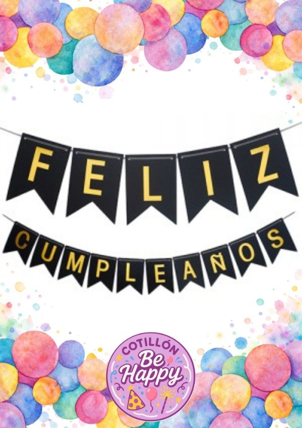 Producto - BANDERIN FELIZ CUMPLEAÑOS GLITTER NEGRO LETRAS DORADO