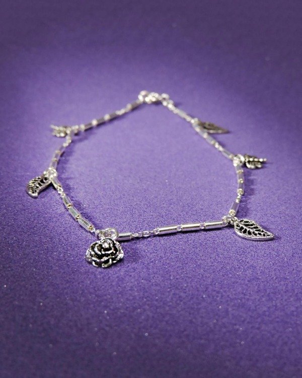 Producto - P 494 - Tobillera de Plata 925 - Barritas, hojas, libélulas y rosas