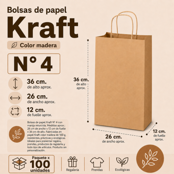 Producto - BOLSA KRAFT N 4 CON MANIJA 26 x 12 x 36 CM X100