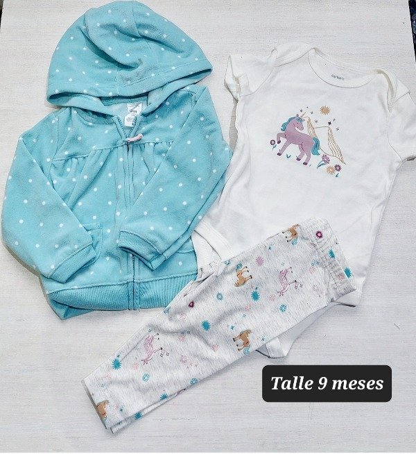 Trio carters campera pantalon y body talle 9 meses celeste