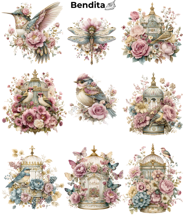 Producto - Bendita Plancha 057 Pájaros con flores shabby