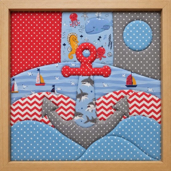 Producto - Kit Ancla con bastidor Patchwork sin Costura Telas Tonos AZUL CON ROJO