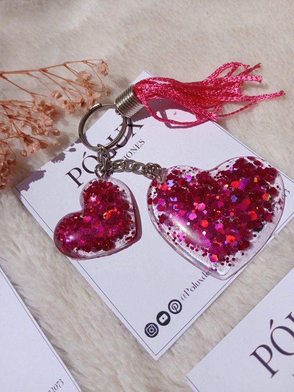 Producto - Dos corazones - Cristal con glitter rojo holo