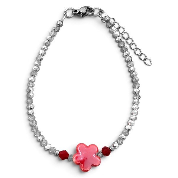 Producto - Pulsera de cristal checo 3mm . Gris . Flor roja - 0