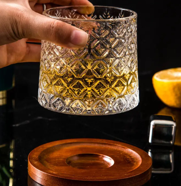Producto - Vaso de Whisky Giratorio 360 con Base de Madera Transparent Iceflower - 275 ml