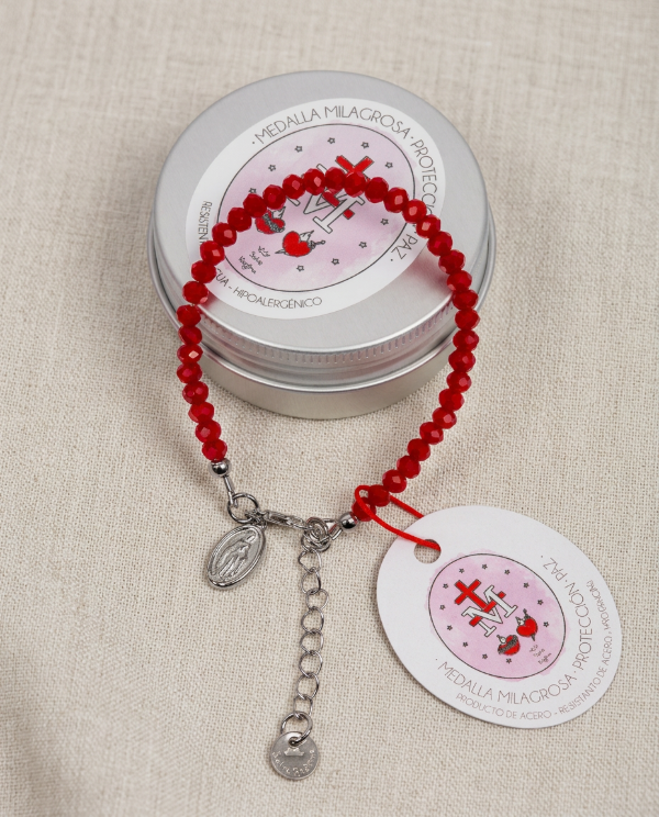 Producto - Pulsera Acero Medalla Milagrosa y Cristales Delfina - Rojo - 0