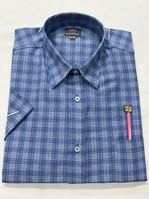 Producto - Camisa Manga Corta de Cuadros mini Celeste y blanco