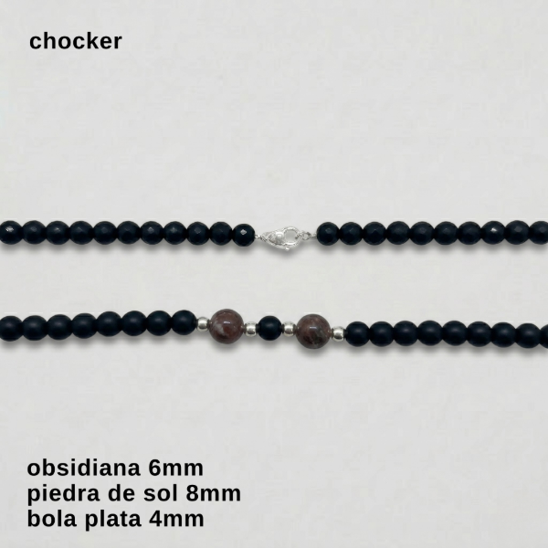 Producto - CHO.HOMB.FP - Obsidiana 6mm, piedra de sol y bola de plata (DÓLAR)