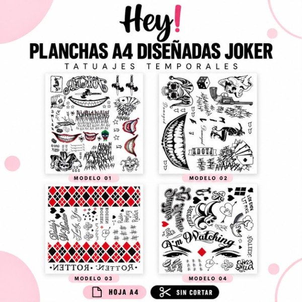 Producto - PLANCHA A4 PREDISEÑADA JOKER/HARLEY QUINN - TATUAJES TEMPORALES - 0