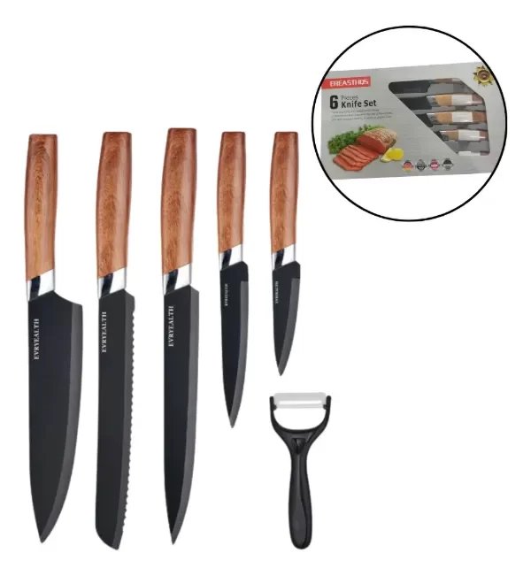 Producto - Set X5 Cuchillos De Chef Acero Inoxidable Cocina + Pelapapas Simil Madera