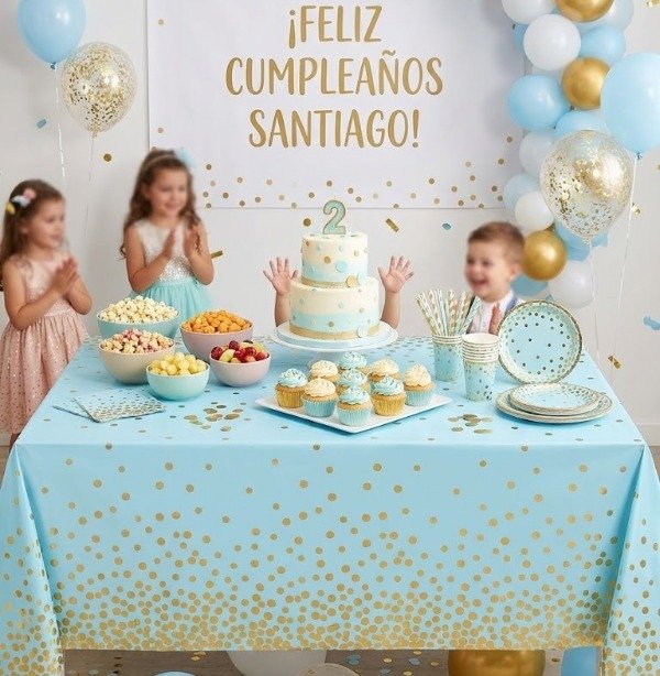 Producto - Mantel Metalizado Decartable Celeste/ Lunares Dorados