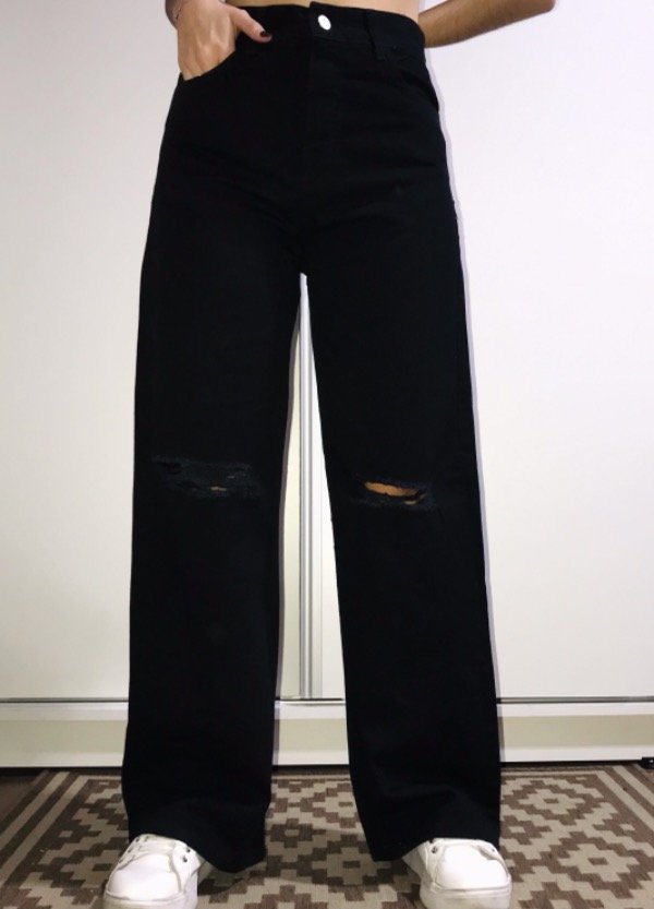 Pantalones Mujer | Bershka PantalóN Sarga Wide Leg Rotos Negro - Bellavista
