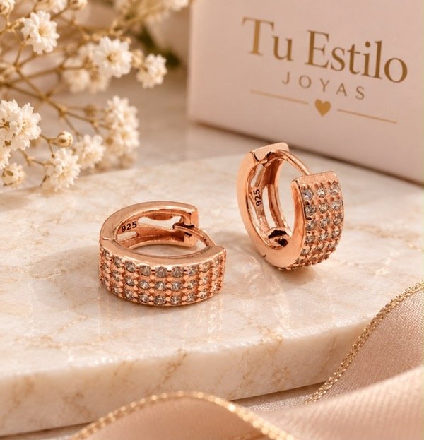 Producto - Aros argollas tres hileras de cubic en Plata 925 Rose