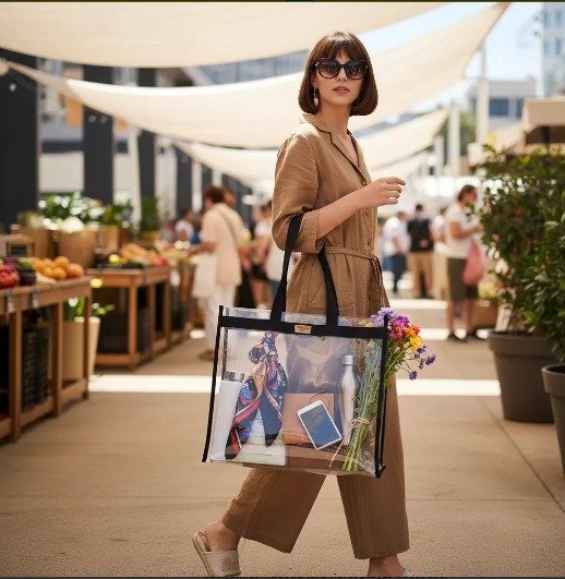 Producto - Bolso PVC Transparente 40x40x10 Asa Larga Negra