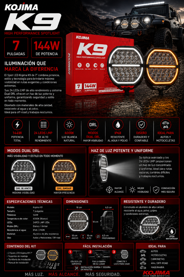 Producto - Spot LED Kojima K9 7" 144W - 24 LEDs LMP Dual DRL IP68 - OffRoad