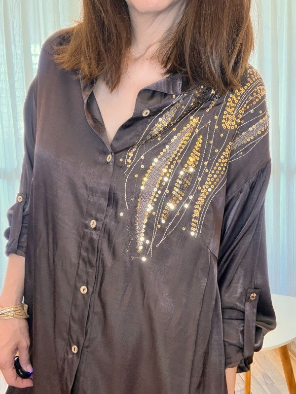 Producto - Maxi Camisas Saten Sedoso Lentejuelas Nueva Temporada - Chocolate