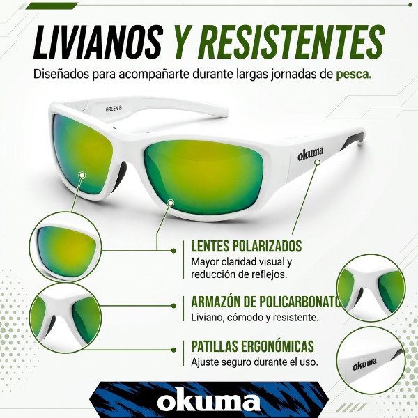 Producto - Anteojo Okuma Verde o Gris Mirror-B Espejados Polarizados UV400 Marco Blanco - 17