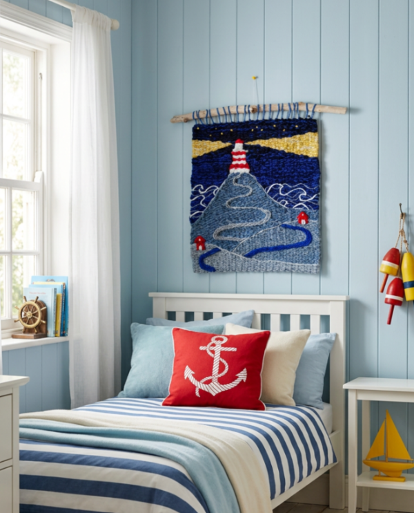 Producto - Tapiz artesanal tejido en telar Faro en el Mar - 50x50 cm - 0