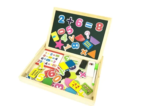 Producto - PIZARRA DOBLE FORMA DE MADERA CON NÚMEROS DE IMANTADOS