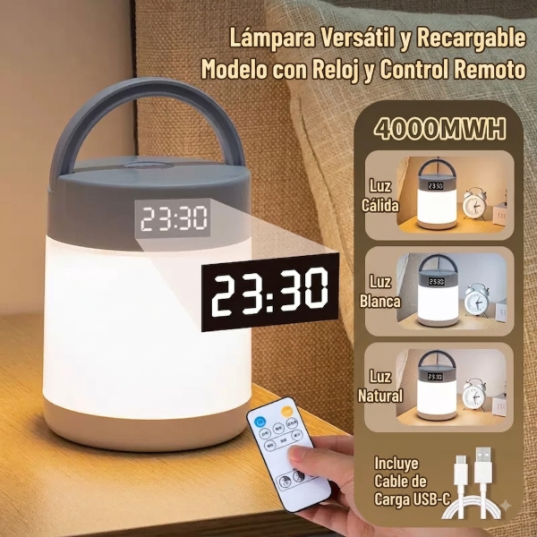 Producto - 0702 Velador Lampara Con Reloj Recargable Usb Tactil Ajustable - 1