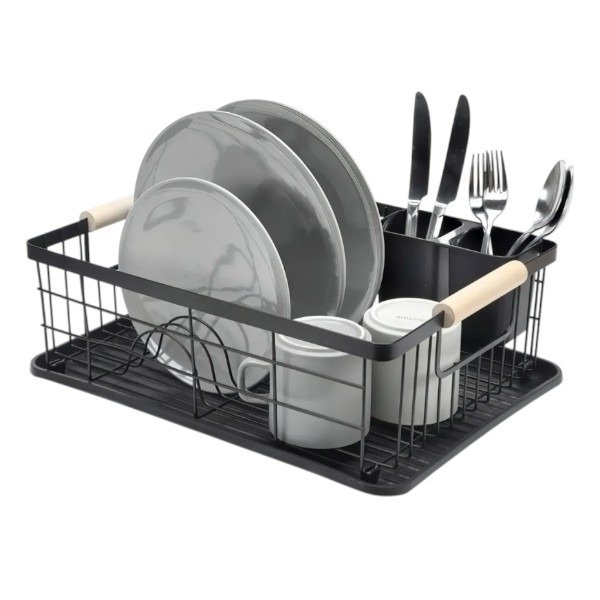Producto - Escurridor Secaplatos 11 Platos Cubiertos Organizador Madera Acero Negro