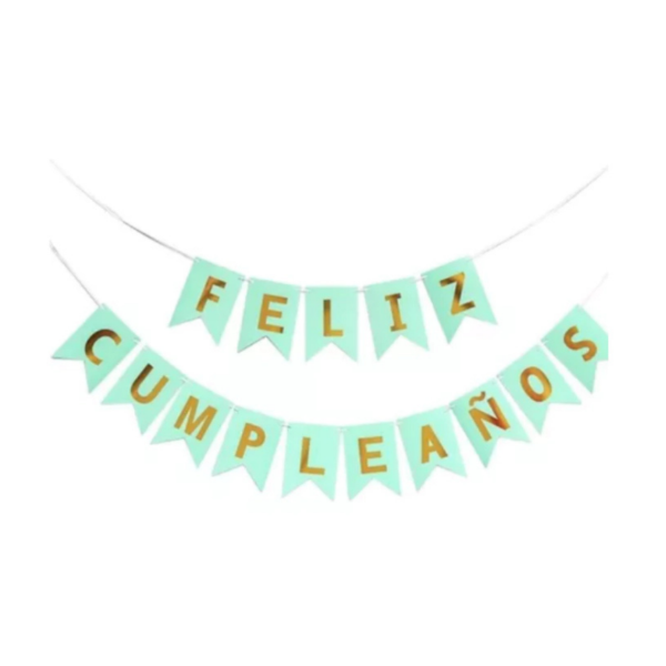 Producto - Banderin letra dorada FELIZ CUMPLEAÑOS color verde pastel