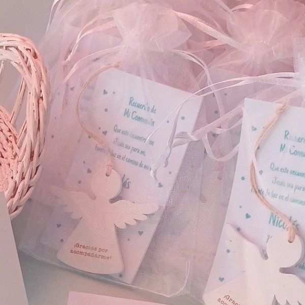 Producto - Angelito de Madera + Estampita + Bolsita Organza
