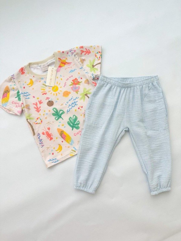 Producto - Remera playa y pant lino celeste