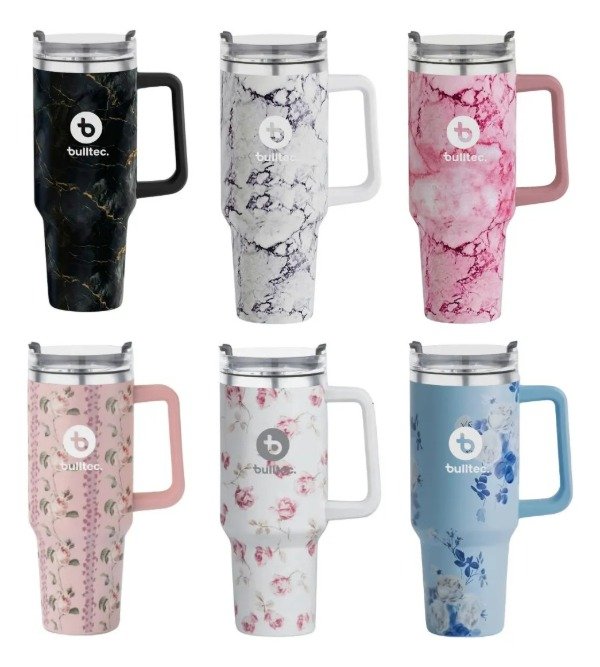 Producto - Vaso Termico Diseño Marmol Floral ANDINO BULLTEC 1200ML blanco rosas - 0